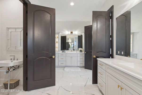 Bathroom, Dual Sink Vanities, Interior, Marble, Recessed Lighting