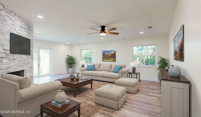 Fireplace, Interior, Living room, Recessed Lighting, Stone Walls, Wood Texture Flooring