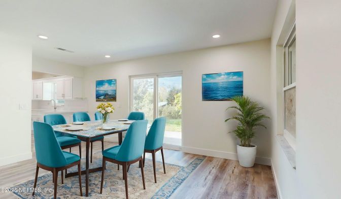Dining room, Interior, Recessed Lighting, Wood Texture Flooring