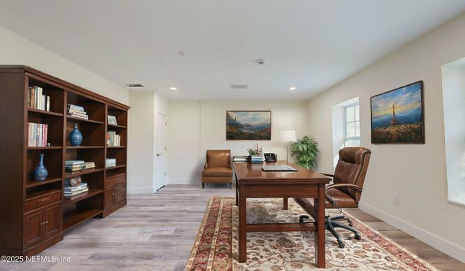 Home Office, Interior, Recessed Lighting, Wood Texture Flooring