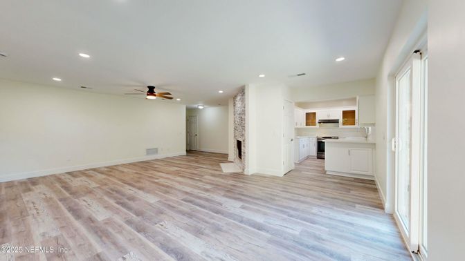 Empty room, Interior, Kitchen, Recessed Lighting, Wood Texture Flooring