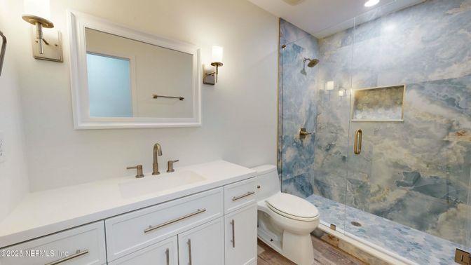 Bathroom, Glass Shower, Interior, Recessed Lighting, Wood Texture Flooring