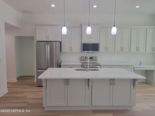 Interior, Kitchen, Pendant Lights, Recessed Lighting, Stainless Steel Appliances, Wood Texture Flooring