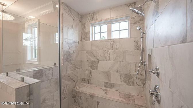 Bathroom, Glass Shower, Interior, Marble Walls, Recessed Lighting
