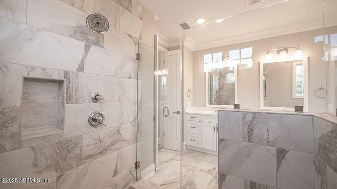 Bathroom, Glass Shower, Interior, Marble, Marble Walls, Recessed Lighting