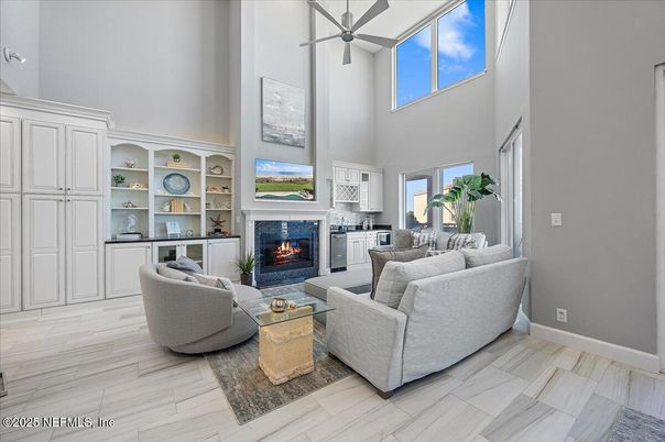 Fireplace, Interior, Living room, Pendant Lights, Wood Texture Flooring