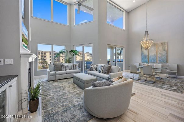 Chandelier, Dining room, Fireplace, Interior, Living room, Pendant Lights, Wood Texture Flooring
