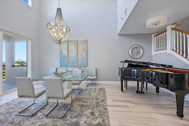 Dining room, Interior, Pendant Lights, Piano, Wood Texture Flooring