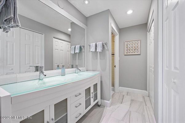 Bathroom, Dual Sink Vanities, Interior, Marble, Recessed Lighting