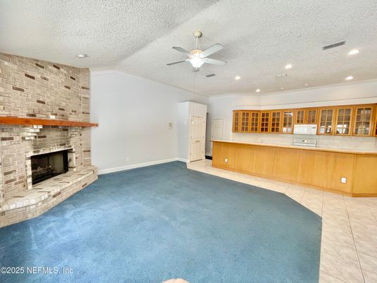Empty room, Fireplace, Interior, Kitchen, Recessed Lighting, Stone Walls