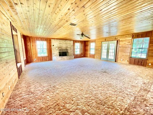 Empty room, Fireplace, Interior, Stone Walls, Wooden Ceilings, Wooden Walls