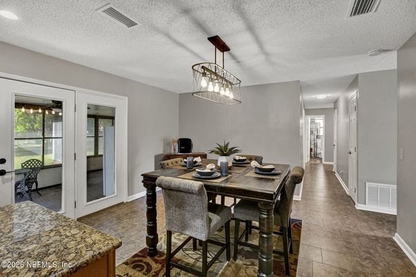 Dining room, Interior, Pendant Lights, Recessed Lighting, Wood Texture Flooring