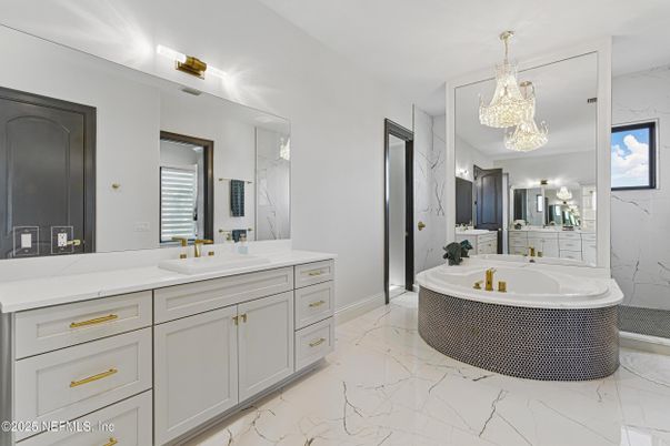 Bathroom, Chandelier, Dual Sink Vanities, Interior, Marble