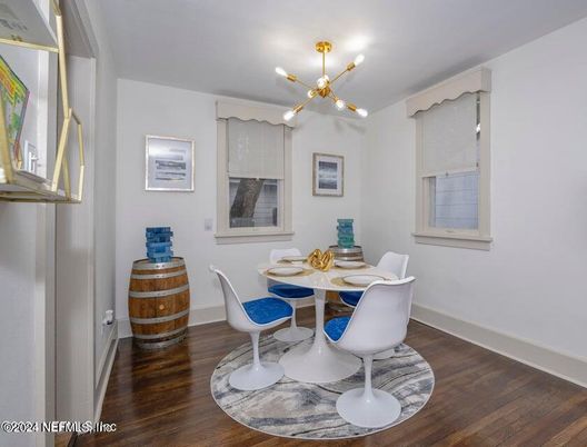 Dining room, Interior, Pendant Lights, Wood Texture Flooring