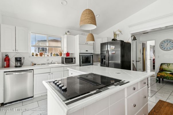 Interior, Kitchen, Marble, Pendant Lights, Stainless Steel Appliances