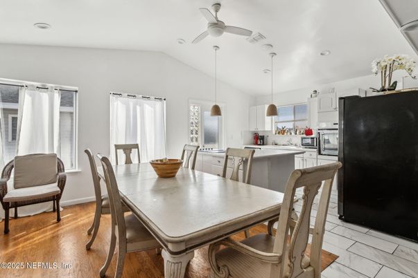 Dining room, Interior, Kitchen, Marble, Pendant Lights, Recessed Lighting, Wood Texture Flooring