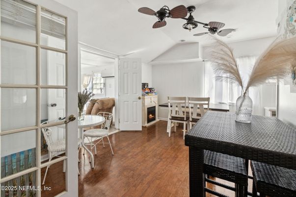 Dining room, Fireplace, Interior, Wood Texture Flooring