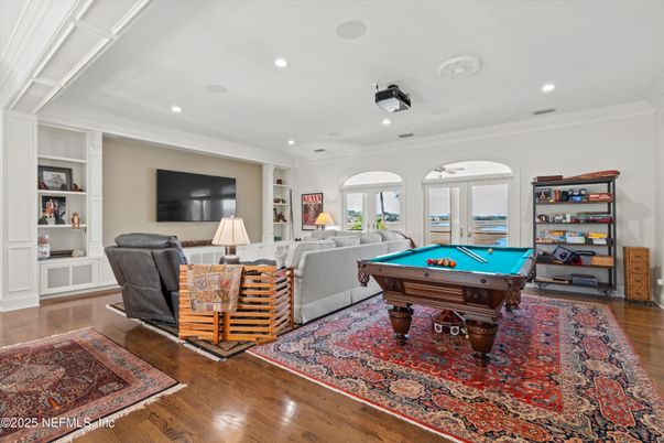 Billiard Table, Game Room, Interior, Living room, Recessed Lighting, Wood Texture Flooring