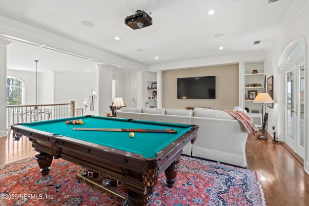 Billiard Table, Game Room, Interior, Recessed Lighting, Wood Texture Flooring