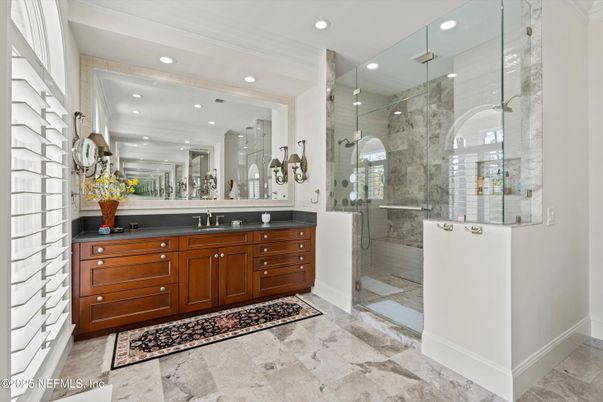 Bathroom, Dual Sink Vanities, Glass Shower, Interior, Recessed Lighting