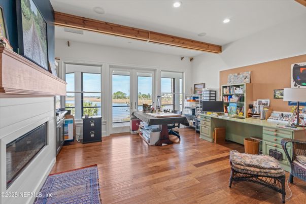 Fireplace, Home Office, Interior, Recessed Lighting, Water, Wooden Beams, Wood Texture Flooring