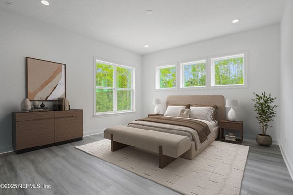Bedroom, Interior, Recessed Lighting, Wood Texture Flooring