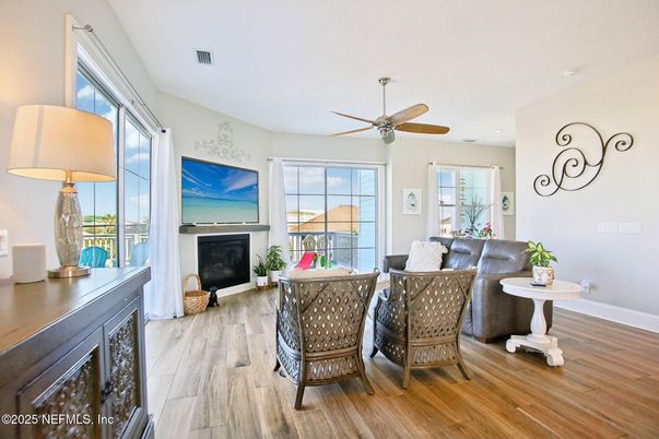 Fireplace, Interior, Living room, Recessed Lighting, Wood Texture Flooring