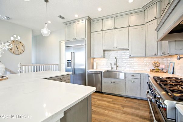 Interior, Kitchen, Pendant Lights, Recessed Lighting, Stainless Steel Appliances, Wood Texture Flooring