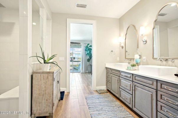 Bathroom, Dual Sink Vanities, Interior, Wood Texture Flooring