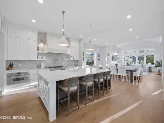 Dining room, Interior, Kitchen, Pendant Lights, Recessed Lighting, Stainless Steel Appliances, Wood Texture Flooring