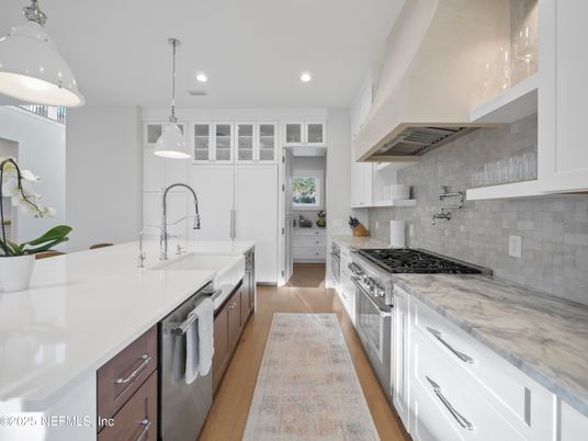 Interior, Kitchen, Pendant Lights, Recessed Lighting, Stainless Steel Appliances, Wood Texture Flooring