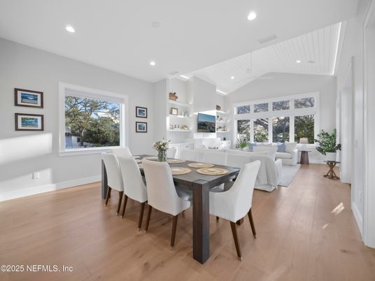 Dining room, Fireplace, Interior, Living room, Recessed Lighting, Wood Texture Flooring