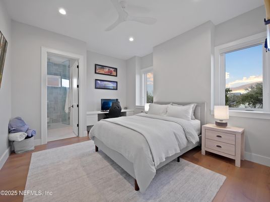 Bathroom, Bedroom, Glass Shower, Home Office, Interior, Recessed Lighting, Wood Texture Flooring