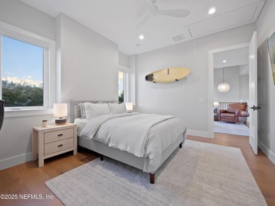 Bedroom, Interior, Pendant Lights, Recessed Lighting, Wood Texture Flooring