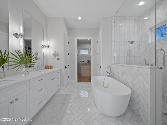Bathroom, Dual Sink Vanities, Free Standing Baths, Glass Shower, Interior, Marble, Recessed Lighting