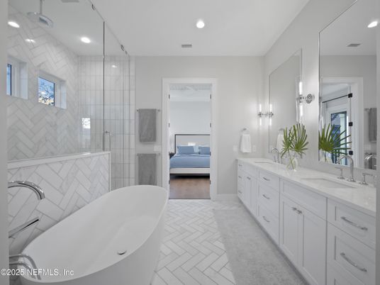 Bathroom, Bedroom, Dual Sink Vanities, Free Standing Baths, Glass Shower, Interior, Recessed Lighting, Wood Texture Flooring