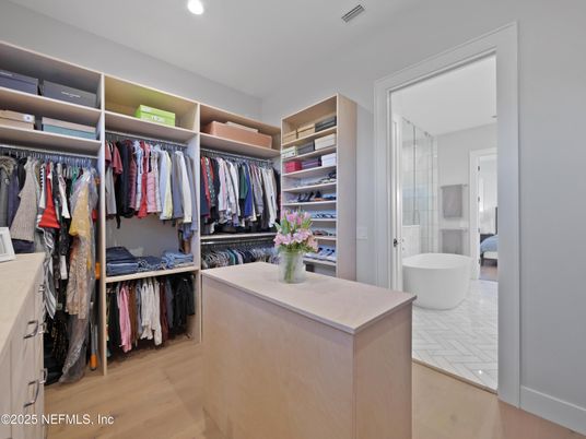 Bathroom, Free Standing Baths, Glass Shower, Interior, Recessed Lighting, Walk-in Closets, Wood Texture Flooring