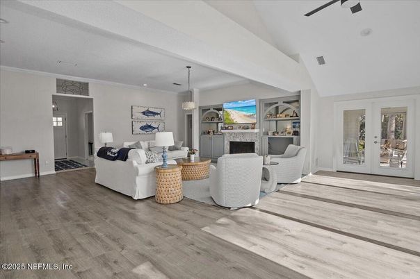Fireplace, Interior, Living room, Pendant Lights, Recessed Lighting, Wood Texture Flooring