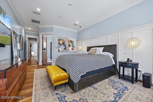 Bedroom, Interior, Pendant Lights, Recessed Lighting, Wood Texture Flooring
