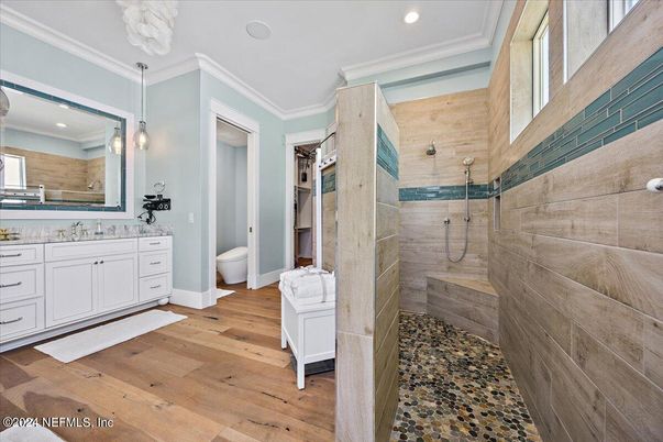 Bathroom, Glass Shower, Interior, Pendant Lights, Recessed Lighting, Wood Texture Flooring