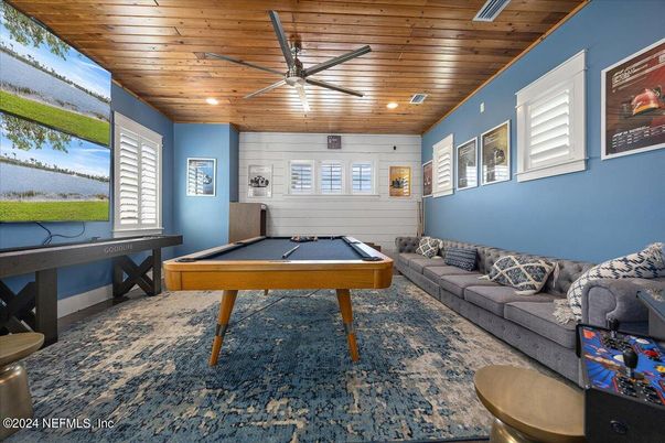 Billiard Table, Game Room, Interior, Living room, Recessed Lighting, Wooden Ceilings