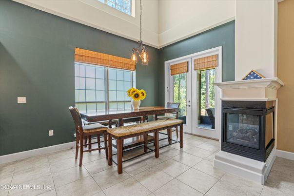 Dining room, Fireplace, Interior, Pendant Lights
