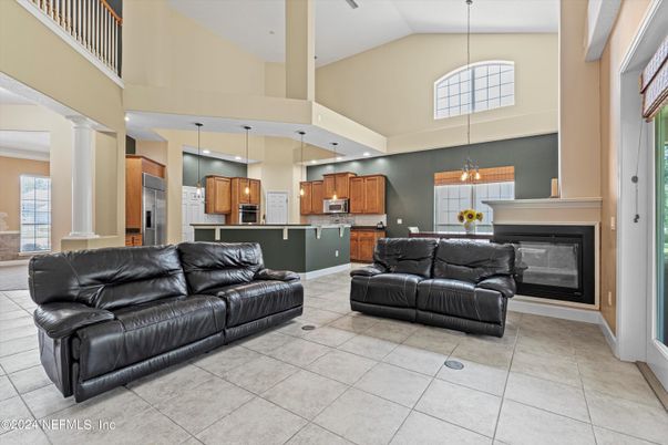 Fireplace, Interior, Kitchen, Living room, Pendant Lights, Stainless Steel Appliances