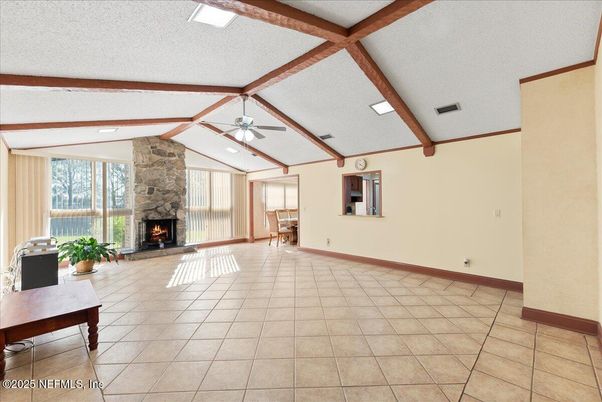 Fireplace, Interior, Recessed Lighting, Wooden Beams