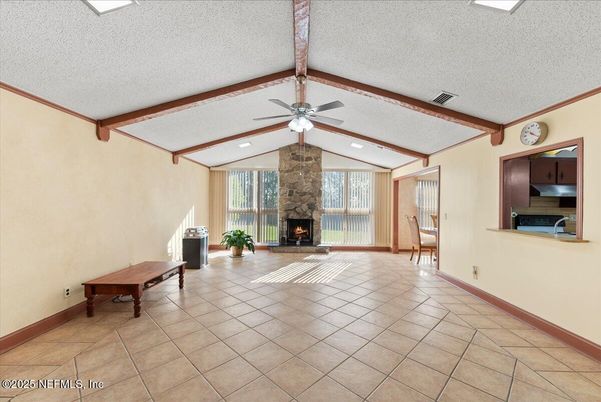 Fireplace, Interior, Recessed Lighting, Wooden Beams
