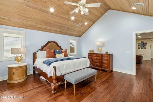 Bedroom, Interior, Recessed Lighting, Wooden Ceilings, Wood Texture Flooring