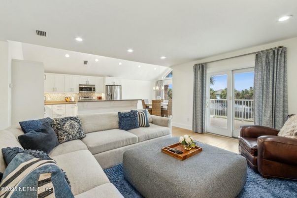 Dining room, Interior, Kitchen, Living room, Recessed Lighting, Stainless Steel Appliances, Wood Texture Flooring
