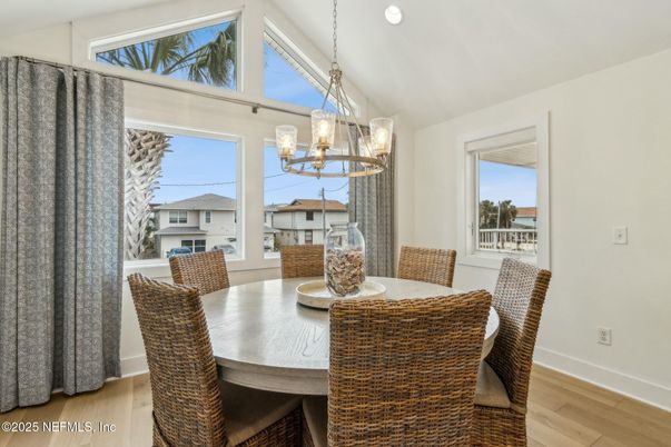 Dining room, Interior, Pendant Lights, Recessed Lighting, Wood Texture Flooring