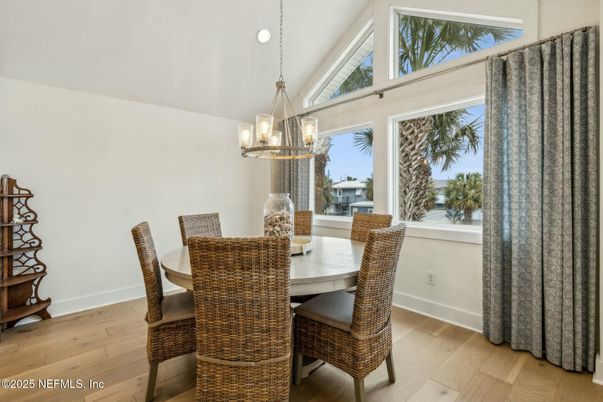 Dining room, Interior, Pendant Lights, Wood Texture Flooring