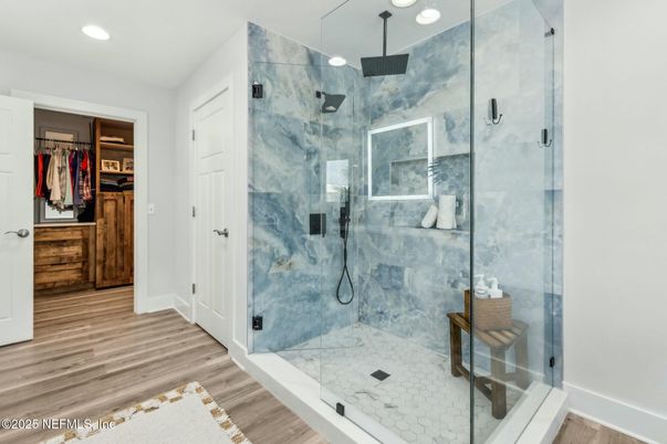 Bathroom, Glass Shower, Interior, Recessed Lighting, Walk-in Closets, Wood Texture Flooring